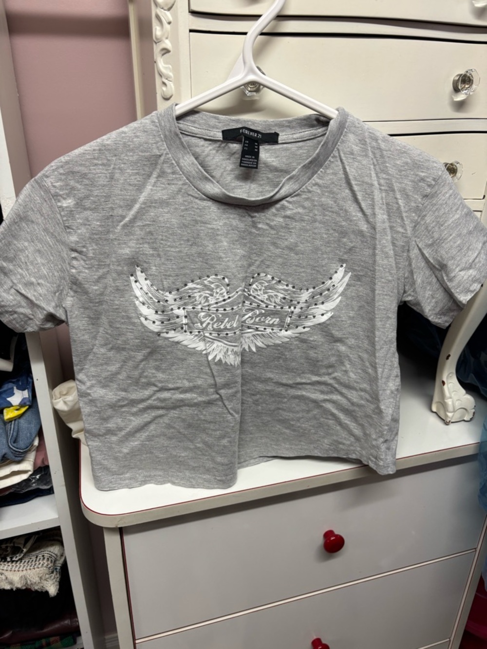 Forever 21 Gray Cropped Graphic Tee with Wing Motif